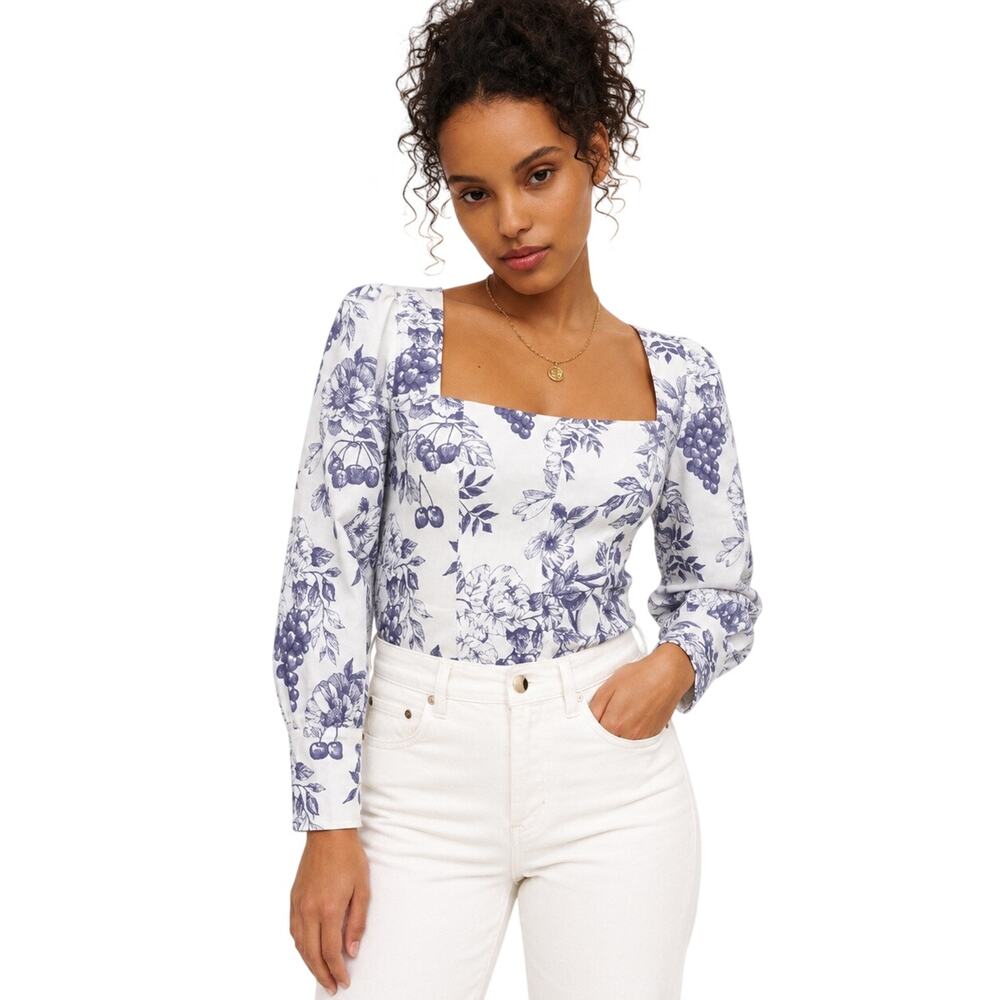 Reformation Stilton Linen Top Carla – Blue Floral Fruit Print – Size 8